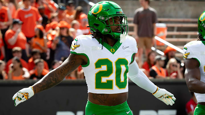 Oregon running back Jordan James works out during warm ups as the Oregon State Beavers host the Oregon Ducks Saturday, Sept. 14, 2024 at Reser Stadium in Corvallis, Ore.