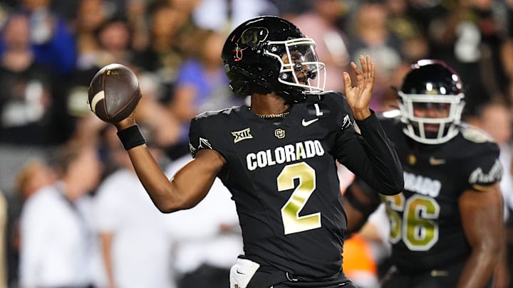 Aug 29, 2024; Boulder, Colorado, USA; Colorado Buffaloes quarterback Shedeur Sanders (2) prepares to pass the ball in the second half against the North Dakota State Bison at Folsom Field. Mandatory Credit: Ron Chenoy-Imagn Images