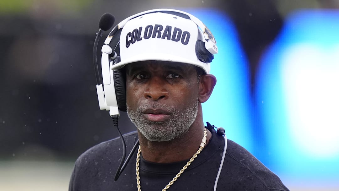Oct 11, 2025; Boulder, Colorado, USA; Colorado Buffaloes head coach Deion Sanders during the first quarter against the Iowa State Cyclones at Folsom Field. Mandatory Credit: Ron Chenoy-Imagn Images