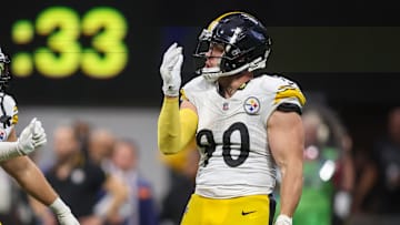 Sep 8, 2024; Atlanta, Georgia, USA; Pittsburgh Steelers linebacker T.J. Watt (90) celebrate after a sack against the Atlanta Falcons in the fourth quarter at Mercedes-Benz Stadium. Mandatory Credit: Brett Davis-Imagn Images