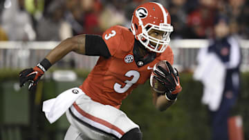 Nov 15, 2014; Athens, GA, USA; Georgia Bulldogs running back Todd Gurley (3) returns a kickoff against the Auburn Tigers during the first quarter at Sanford Stadium. Mandatory Credit: Dale Zanine-Imagn Images