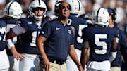 Aug 30, 2025; University Park, Pennsylvania, USA; Penn State Nittany Lions head coach James Franklin looks on from the sideline during the second quarter against the Nevada Wolf Pack at Beaver Stadium. Mandatory Credit: Matthew O'Haren-Imagn Images