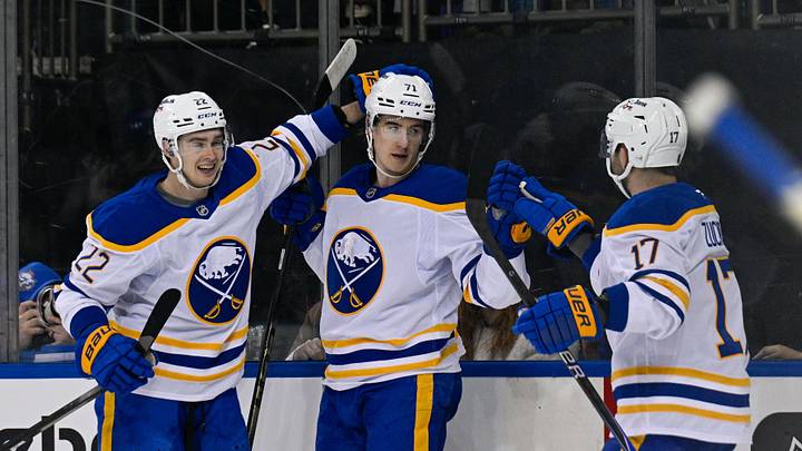 Buffalo Sabres players Jack Quinn, Ryan McLeod and Jason Zucker
