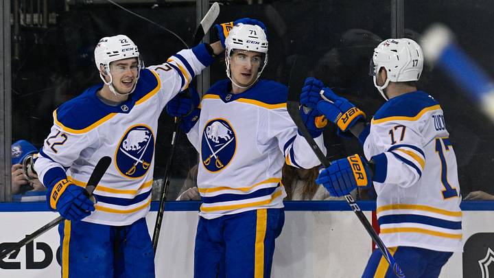 Buffalo Sabres players Jack Quinn, Ryan McLeod and Jason Zucker