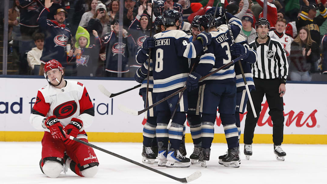 Mar 17, 2026; Columbus, Ohio, USA; Columbus Blue Jackets defenseman Danton Heinen (43) celebrates scoring a goal against the Carolina Hurricanes during the second period at Nationwide Arena. Mandatory Credit: Russell LaBounty-Imagn Images