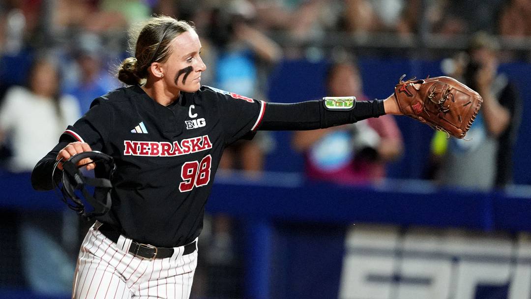 Nebraska's Jordy Frahm (98) celebrates a strikeout during a Women's College World Series softball game between the Arkansas Razorbacks and the Nebraska Cornhuskers at Devon Park in Oklahoma City, May 28, 2026.