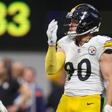 Sep 8, 2024; Atlanta, Georgia, USA; Pittsburgh Steelers linebacker T.J. Watt (90) celebrate after a sack against the Atlanta Falcons in the fourth quarter at Mercedes-Benz Stadium. Mandatory Credit: Brett Davis-Imagn Images