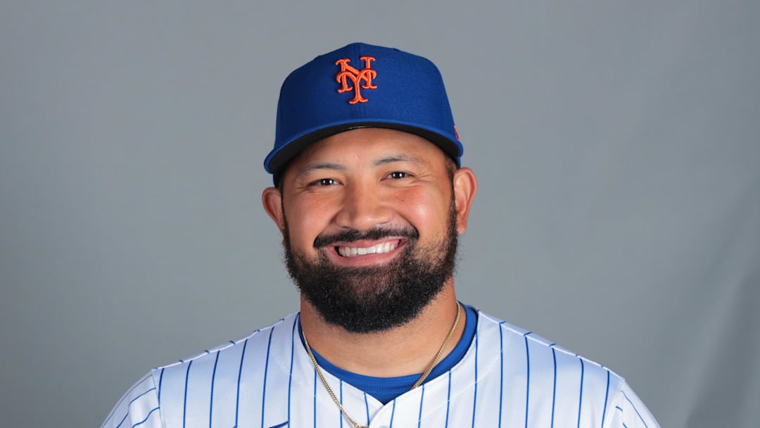 Feb 20, 2025; Port St. Lucie, FL, USA; New York Mets pitcher Rico Garcia (50) poses for a photo during picture day at Clover Park. Mandatory Credit: Sam Navarro-Imagn Images