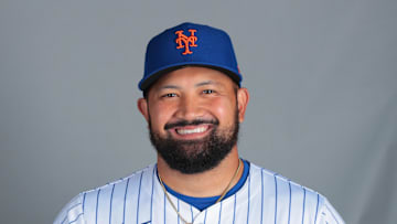 Feb 20, 2025; Port St. Lucie, FL, USA; New York Mets pitcher Rico Garcia (50) poses for a photo during picture day at Clover Park. Mandatory Credit: Sam Navarro-Imagn Images