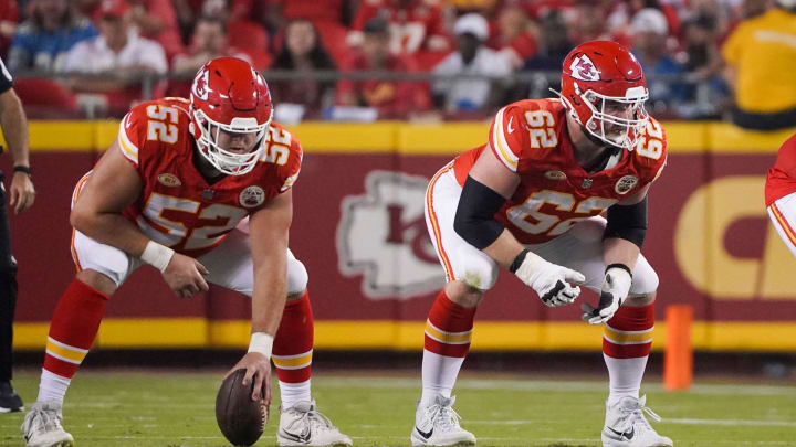 Sep 7, 2023; Kansas City, Missouri, USA; Kansas City Chiefs center Creed Humphrey (52) and guard Joe Thuney (62) and offensive tackle Donovan Smith (79) at the line of scrimmage against the Detroit Lions during the game at GEHA Field at Arrowhead Stadium. Mandatory Credit: Denny Medley-USA TODAY Sports