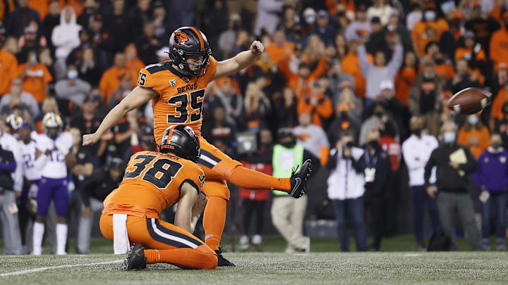 Oct 2, 2021; Corvallis, Oregon, USA; Oregon State Beavers kicker Everett Hayes (35) kicks the game winning field goal against the Washington Huskies during the second half at Reser Stadium. Mandatory Credit: Soobum Im-Imagn Images