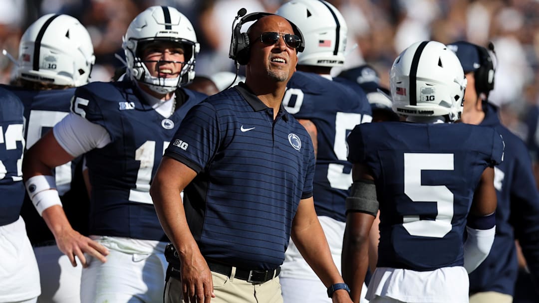 Penn State football head coach James Franklin looks on from the sideline against the Nevada Wolf Pack at Beaver Stadium