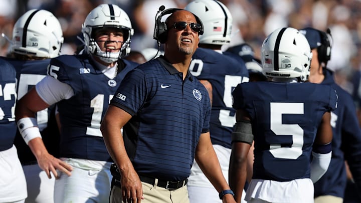 Penn State football head coach James Franklin looks on from the sideline against the Nevada Wolf Pack at Beaver Stadium