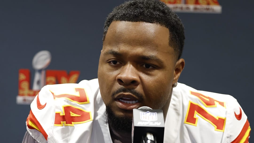 Feb 6, 2025; New Orleans, LA, USA;  Kansas City Chiefs offensive tackle Jawaan Taylor (74) during a press conference in advance of Super Bowl LIX at New Orleans Marriott.