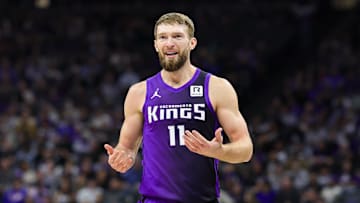 Jan 1, 2025; Sacramento, California, USA; Sacramento Kings forward Domantas Sabonis (11) reacts after a play during the first quarter against the Philadelphia 76ers at Golden 1 Center. Mandatory Credit: Sergio Estrada-Imagn Images