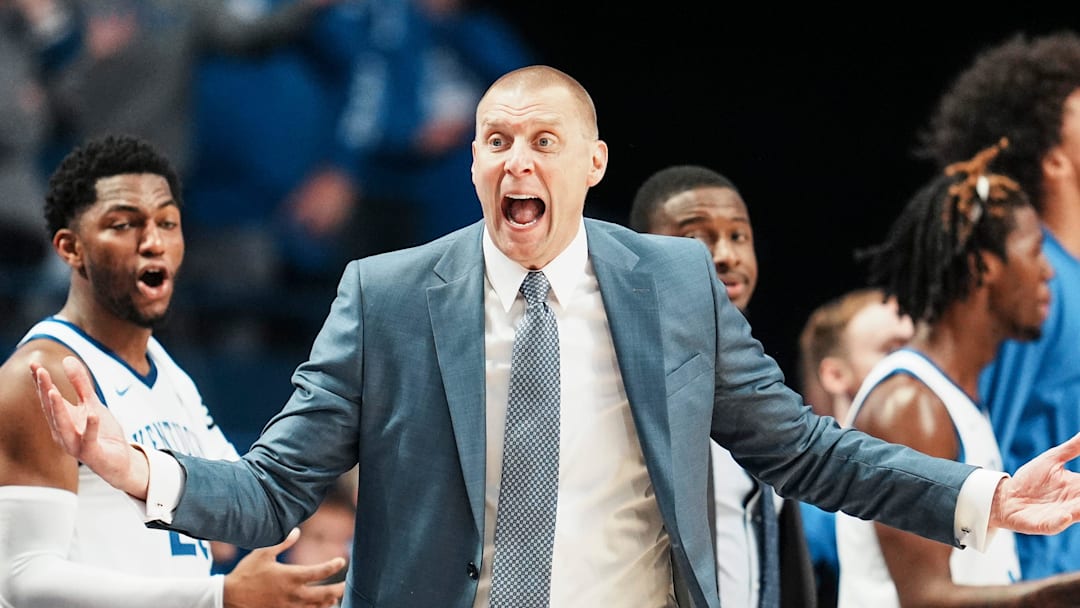 Kentucky Wildcats head coach Mark Pope questions a call of blocking on the Cats while they take on Nicholls in the first half at Rupp Arena in Lexington, Kentucky Nov. 4, 2025.