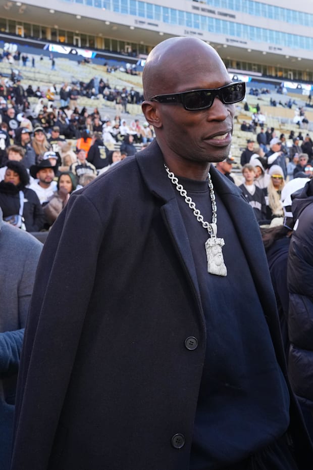 Nov 16, 2024; Boulder, Colorado, USA; Retired American football player Chad Johnson on the sidelines before the game between 