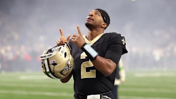 Dec 17, 2023; New Orleans, Louisiana, USA; New Orleans Saints quarterback Jameis Winston (2) gestures before the game against the New York Giants at Caesars Superdome. Mandatory Credit: Stephen Lew-Imagn Images