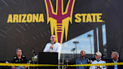 October 14, 2022; Tempe, Ariz; USA; ASU hockey head coach Greg Powers speaks during a ribbon cutting ceremony at Mullett Arena.

Ncaa Hockey Asu Hockey Opening Night At Mullett Arena Colgate At Asu