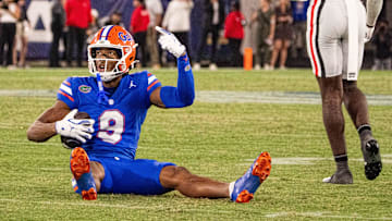 Florida Gators wide receiver J. Michael Sturdivant (9) tries to convince the referees that his catch was good in the fourth quarter in an NCAA football game, Saturday, Nov. 1, 2025, at EverBank Stadium in Jacksonville, Fla. Georgia defeated Florida 24-20. [Doug Engle/Florida Times-Union]
