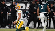 Green Bay Packers quarterback Jordan Love (10) reacts during a dreadful first half against the Philadelphia Eagles on Sunday.