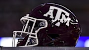 Texas A&M Aggies helmet on the sideline during the game against the South Carolina Gamecocks at Kyle Field.