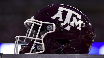 Oct 23, 2021; College Station, Texas, USA;  Texas A&M Aggies helmet on the sideline during the game against the South Carolina Gamecocks at Kyle Field. Mandatory Credit: Maria Lysaker-USA TODAY Sports