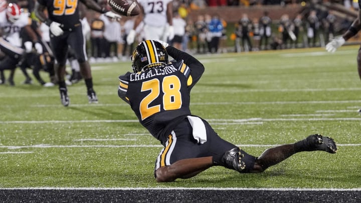 Oct 1, 2022; Columbia, Missouri, USA; Missouri Tigers defensive back Joseph Charleston (28) misses intercepting a pass against the Georgia Bulldogs during the first half at Faurot Field at Memorial Stadium. Mandatory Credit: Denny Medley-USA TODAY Sports