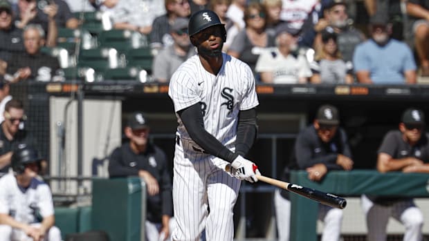 Chicago White Sox outfielder Luis Robert Jr. (88) reacts after striking out during a game against the Los Angeles Angels.