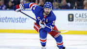 May 22, 2024; New York, New York, USA; New York Rangers left wing Chris Kreider (20) skates against the Florida Panthers during the first period of game one of the Eastern Conference Final of the 2024 Stanley Cup Playoffs at Madison Square Garden. Mandatory Credit: Brad Penner-USA TODAY Sports