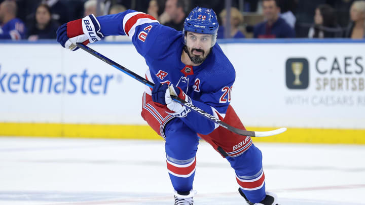 May 22, 2024; New York, New York, USA; New York Rangers left wing Chris Kreider (20) skates against the Florida Panthers during the first period of game one of the Eastern Conference Final of the 2024 Stanley Cup Playoffs at Madison Square Garden. Mandatory Credit: Brad Penner-USA TODAY Sports