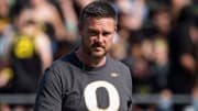 Oregon Ducks head coach Dan Lanning walks the field before the game as the Oregon Ducks host the Oregon State Beavers Sept. 20, 2025, at Autzen Stadium in Eugene, Oregon.