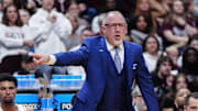 March 20, 2025; Denver, CO, USA; Texas A&M Aggies head coach Buzz Williams reacts during the first half against the Yale Bulldogs at Ball Arena. Mandatory Credit: Ron Chenoy-Imagn Images