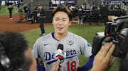 Nov 1, 2025; Toronto, Ontario, CAN; Los Angeles Dodgers pitcher Yoshinobu Yamamoto (18) is interviewed after defeating the Toronto Blue Jays in game seven of the 2025 MLB World Series at Rogers Centre. Mandatory Credit: John E. Sokolowski-Imagn Images