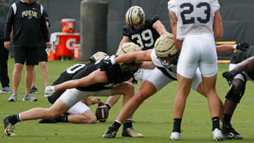 Purdue Boilermakers place kicker Ben Freehill (39) attempts a field goal Wednesday, July 31, 2024, during Purdue football practice at Bimel Outdoor Practice Complex in West Lafayette, Ind.