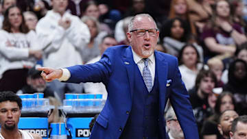 March 20, 2025; Denver, CO, USA; Texas A&M Aggies head coach Buzz Williams reacts during the first half against the Yale Bulldogs at Ball Arena. Mandatory Credit: Ron Chenoy-Imagn Images
