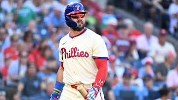 Sep 28, 2025; Philadelphia, Pennsylvania, USA;  Philadelphia Phillies outfielder Kyle Schwarber (12) reacts after striking out during the fourth inning against the Minnesota Twins at Citizens Bank Park.