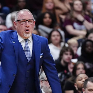 March 20, 2025; Denver, CO, USA; Texas A&M Aggies head coach Buzz Williams reacts during the first half against the Yale Bulldogs at Ball Arena. Mandatory Credit: Ron Chenoy-Imagn Images