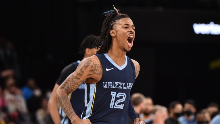 Nov 18, 2021; Memphis, Tennessee, USA; Memphis Grizzlies guard Ja Morant (12) reacts during the second half against the LA Clippers at FedExForum. 