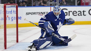 May 5, 2025; Toronto, Ontario, CAN; Toronto Maple Leafs goaltender Anthony Stolarz (41) makes a toe save against the Florida Panthers during the second period of the second round of the 2025 Stanley Cup Playoffs at Scotiabank Arena. Mandatory Credit: John E. Sokolowski-Imagn Images