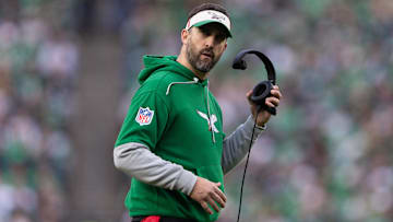 Dec 29, 2024; Philadelphia, Pennsylvania, USA; Philadelphia Eagles head coach Nick Sirianni looks on during the fourth quarter against the Dallas Cowboys at Lincoln Financial Field. Mandatory Credit: Bill Streicher-Imagn Images