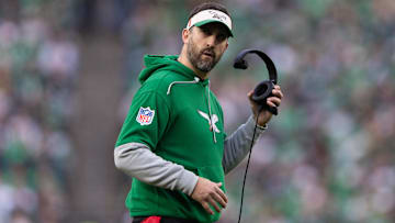 Dec 29, 2024; Philadelphia, Pennsylvania, USA; Philadelphia Eagles head coach Nick Sirianni looks on during the fourth quarter against the Dallas Cowboys at Lincoln Financial Field. Mandatory Credit: Bill Streicher-Imagn Images