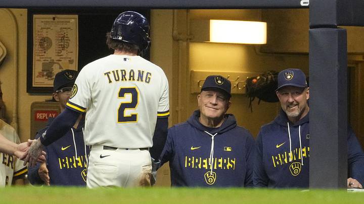 Jun 1, 2026; Milwaukee, Wisconsin, USA; Milwaukee Brewers manager Pat Murphy (49) smiles as Milwaukee Brewers second baseman Brice Turang (2) scores a run in the sixth inning against the San Francisco Giants at American Family Field. Mandatory Credit: Michael McLoone-Imagn Images