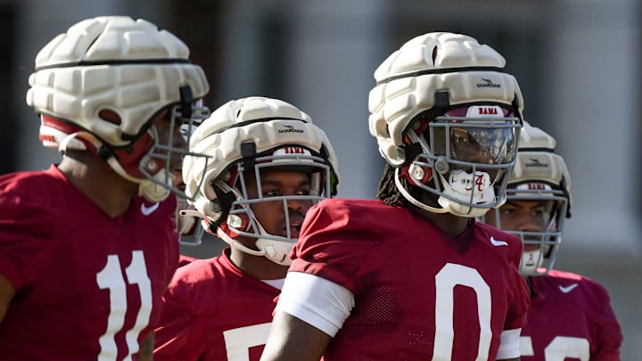 Mar 6, 2024; Tuscaloosa, Alabama, USA; Linebacker Deontae Lawson works during practice for the Alabama Crimson Tide football team Wednesday.