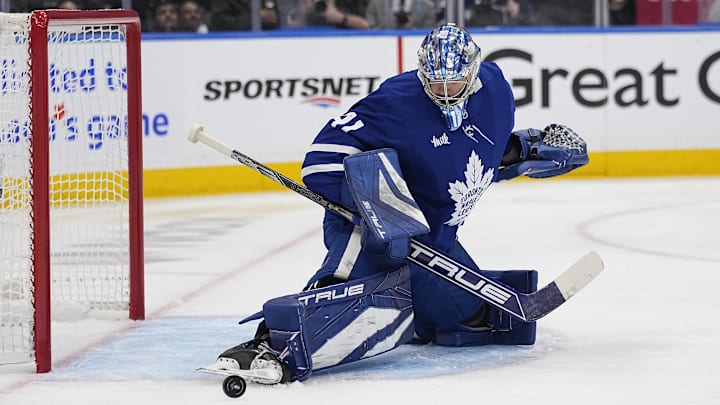May 5, 2025; Toronto, Ontario, CAN; Toronto Maple Leafs goaltender Anthony Stolarz (41) makes a toe save against the Florida Panthers during the second period of the second round of the 2025 Stanley Cup Playoffs at Scotiabank Arena. Mandatory Credit: John E. Sokolowski-Imagn Images
