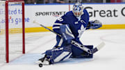 May 5, 2025; Toronto, Ontario, CAN; Toronto Maple Leafs goaltender Anthony Stolarz (41) makes a toe save against the Florida Panthers during the second period of the second round of the 2025 Stanley Cup Playoffs at Scotiabank Arena. Mandatory Credit: John E. Sokolowski-Imagn Images