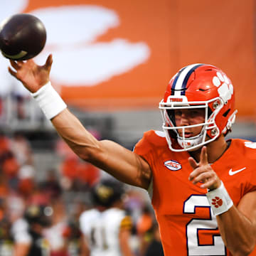 Sept 7, 2024; Clemson, SC, USA; The Clemson Tigers played the Appalachian State Mountaineers in college football Saturday, Sept. 7, 2024. Clemson quarterback Cade Klubnik (2) warms up. 