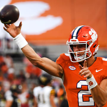 Sept 7, 2024; Clemson, SC, USA; The Clemson Tigers played the Appalachian State Mountaineers in college football Saturday, Sept. 7, 2024. Clemson quarterback Cade Klubnik (2) warms up. 