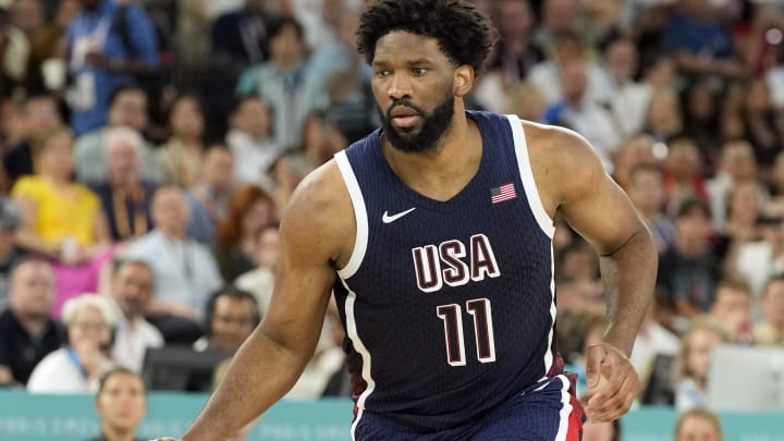 Aug 6, 2024; Paris, France; United States centre Joel Embiid (11) controls the ball against Brazil in the first half in a men’s basketball quarterfinal game during the Paris 2024 Olympic Summer Games at Accor Arena. Mandatory Credit: Kyle Terada-USA TODAY Sports