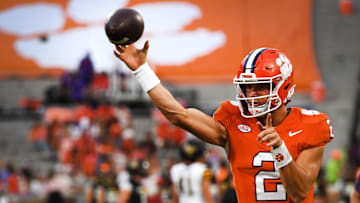 Sept 7, 2024; Clemson, SC, USA; The Clemson Tigers played the Appalachian State Mountaineers in college football Saturday, Sept. 7, 2024. Clemson quarterback Cade Klubnik (2) warms up. 